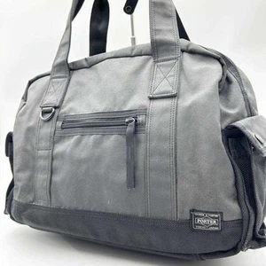 PORTER Handbag Boston Bag Logo Nylon Canvas Leather Gray Men's USED FROM JAPAN - Picture 1 of 9