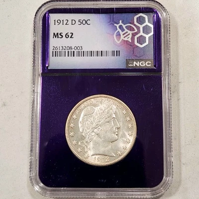 Medio dólar de plata barbero 1912-D ~ NGC MS62 núcleo púrpura 50C moneda como nueva de Denver de Estados Unidos Foto 1 de 4