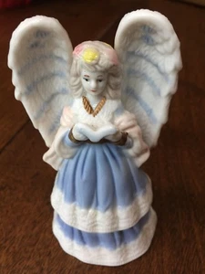 VTG BLUE/WHITE 5 1/4" TALL CERAMIC PORCELAIN ANGEL W/ BOOK & GOLD ACCENTS BELL - Picture 1 of 5
