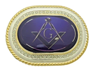 Mason Masonic Fraternal Compass Masonry Belt Buckle Blue Gold Metal Iced Style - Picture 1 of 7