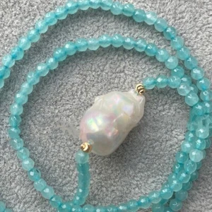 Collana con ciondolo perle tonde sfaccettate acquamarina blu 4 mm 18" - Foto 1 di 8