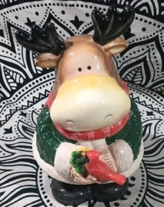 Christmas Moose With Cardinal Cookie Jar Royal Seasons Ceramic 10 1/2” - Picture 1 of 7