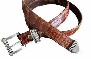 VTG BILLY MARTIN 925 SS Art Deco Style Belt Buckle Set Brown Alligator Belt M - Picture 1 of 8
