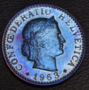 1963 Swiss 20 Rappen with blue and purple toning (L13-20) - Picture 1 of 2