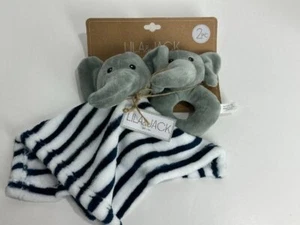 Lila & Jack Grey Elephant Navy Blue White Striped Plush Baby Security Blanket - Picture 1 of 7