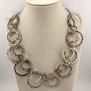 Circle Link Necklace Silver Tone Hammered Metal Links Festival MOD Brutalist - Picture 1 of 11