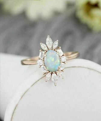 2Ct Oval Cut Fire Opal Halo Diamond Women's Engagement Ring 14K Rose Gold Plated - Image 1 of 4
