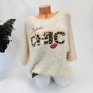 Damen Oversize Pullover Kuscheliger Fledermaus Pulli 38-46 Creme Leo Patches - Bild 1 von 7