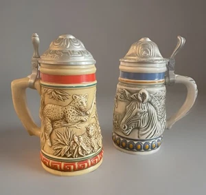 Vtg (2) Avon Beer Stein 1991-92 Handcrafted Cheetah / Zebra Made In Brazil - Picture 1 of 14