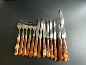 13 PCs VTG Japan Stainless Celluloid Flatware Marbled Amber Handles Cut Set - Bild 1 von 3