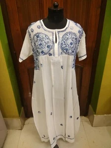 LONG MAXI BLOUSE XL 45" CHIKAN EMBROIDERY ETHNIC HANDMADE KURTI 100% COTTON TOP - Picture 1 of 7
