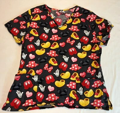 Mickey Mouse Disney Stretch Fabric Scrub Top - Size Large Ears Shoes - Image 1 of 2