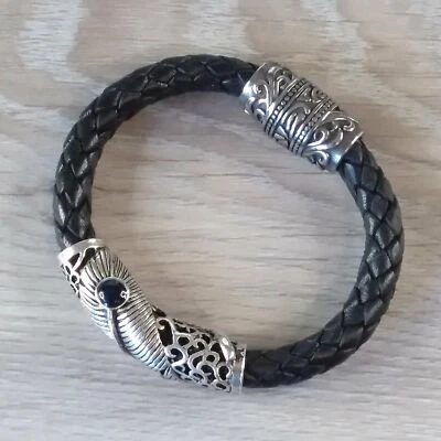 Silver Feather Bracelet Black Leather Mens Hand Made | Fenris - Image 1 of 4