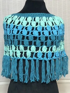 Handmade Poncho Style Women’s Crochet Shawl with Fringe Blues One Size - Picture 1 of 6