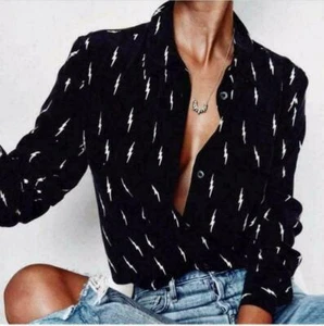 Nuevo Para mujeres Seda Estampado en Relámpago Mangas Largas Blusas Damas Camisa Negra - Imagen 1 de 6