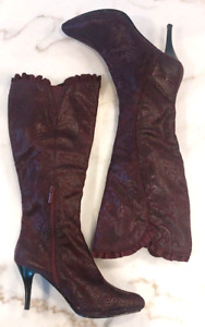 Impo Stretch Eggplant Baroque Shiny Paisley Ruffle Top Dress Boots Women's 8M