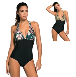 Damen Camouflage Print Einteiler Camouflage tiefer V Neckholder Rücken Badeanzug Bademode - Bild 1 von 6