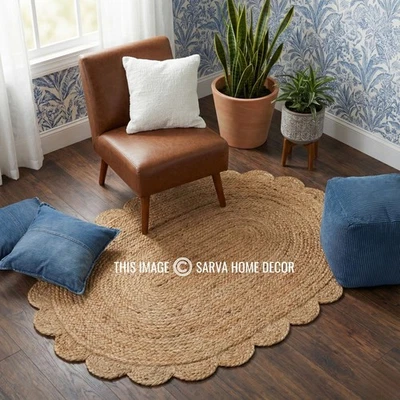 Oval Natural Jute Rug, Scalloped jute area rug runner Braided Handcrafted Carpet - Image 1 of 4