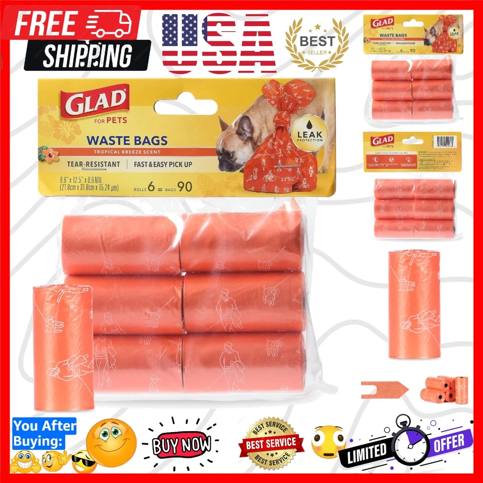 Glad for Pets Large Dog Waste Bags Scented Tear-Resistant 6 Rolls | Heavy Dut