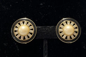 Vintage MONET Gold Tone Black Enamel Rhinestone Faux Pearl Clip Earrings - Picture 1 of 10