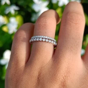 Moissanite Two Set Eternity Wedding Band Solid 14k White Gold 1.50 CT Round Cut - Picture 1 of 5