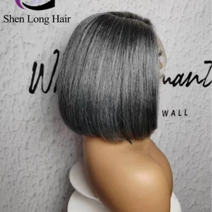 12" Short Bob Wigs Salt and Pepper Human Hair Wigs Grey Lace Front Wigs L Part - Picture 1 of 7