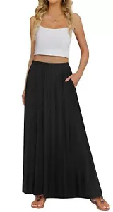 Women's Maxi Skirt Pleated Flowy High Waisted Casual Long Skirts with Pockets... - Picture 1 of 6