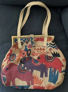 Vintage Sackleinen Handtasche Rattan Henkel Geldbörse Elefantenmuster mit Münzbörse - Bild 1 von 3