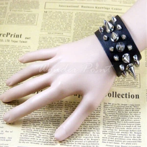 Pulsera de cuero ancha de motociclista punk rock con tachuelas remache con espiga para hombre y mujer - Imagen 1 de 5