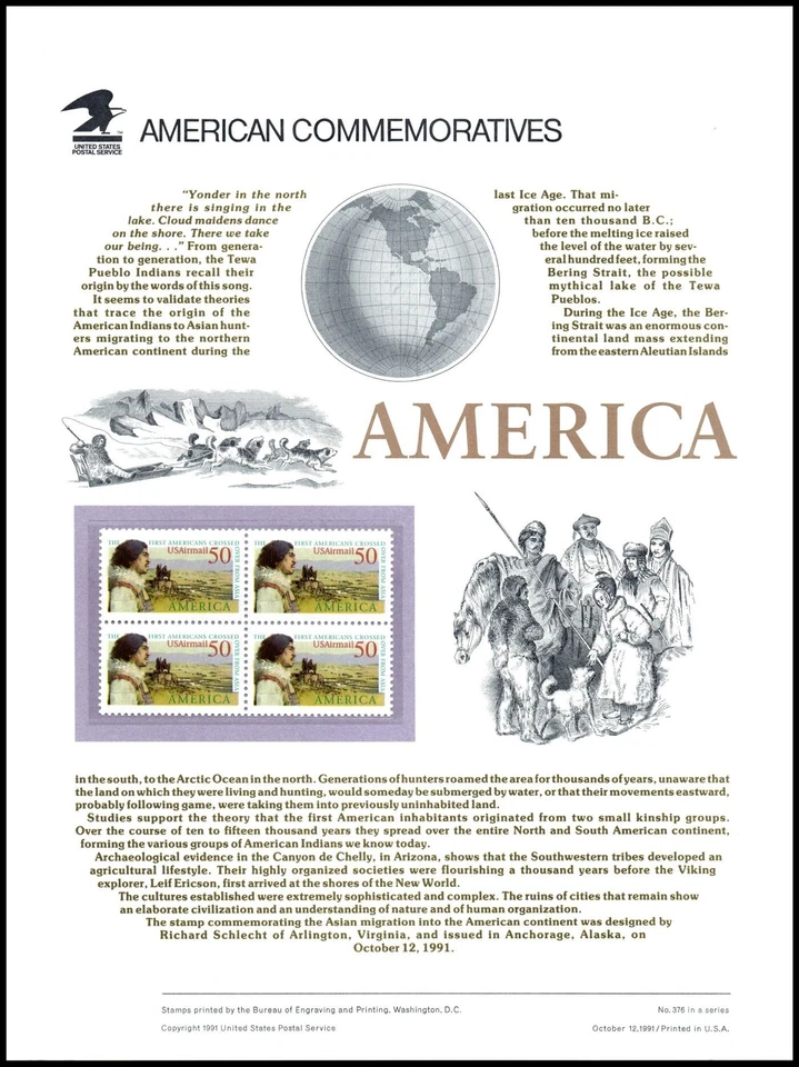 1991 Pre-Columbian Bering Land Alaska CP376 commemorative panel 376 MNH Sc C131 - Image 1 of 1