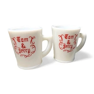2 Vintage Tom & Jerry Mugs Cups White Milk Glass Red Lettering McKee McK - Picture 1 of 6