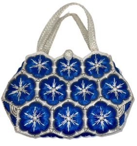 Vintage Handbag Purse Bag Antique Crochet Straw Plastic Blue & White Flower - Picture 1 of 11