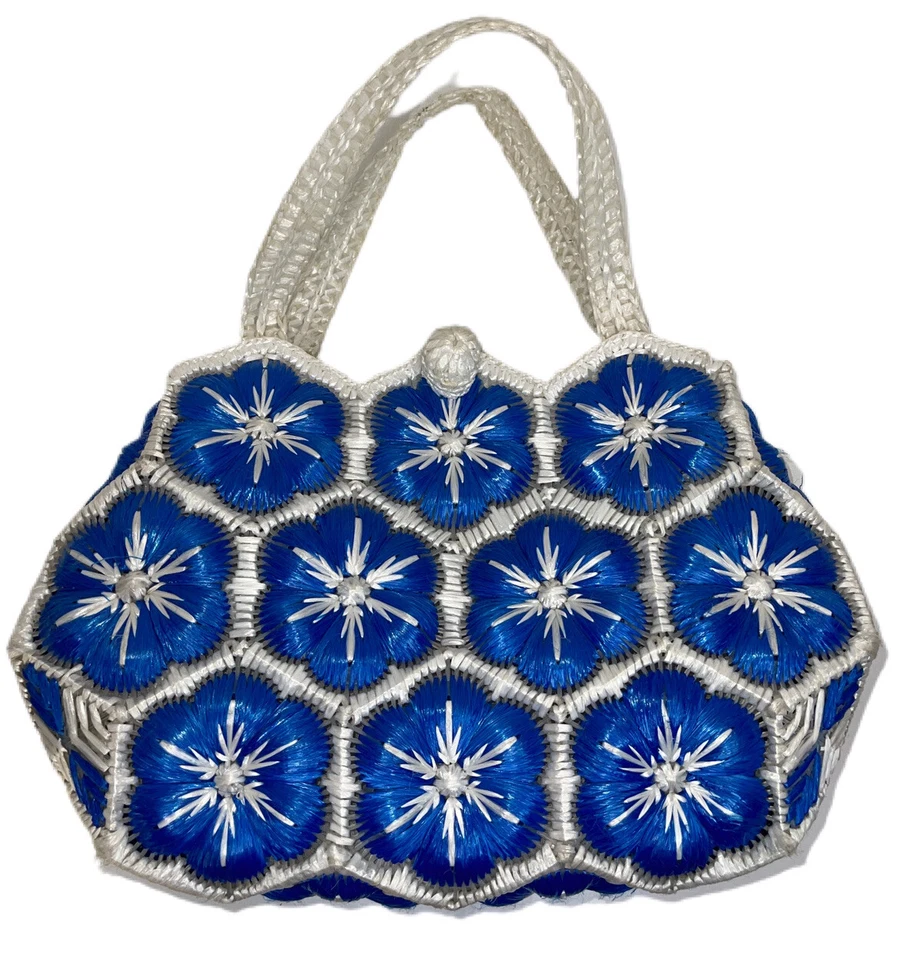 Vintage Handbag Purse Bag Antique Crochet Straw Plastic Blue & White Flower - Image 1 of 4