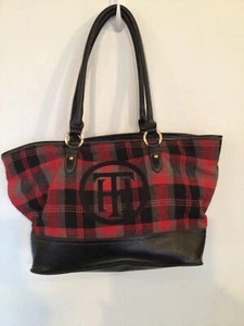 Tommy Hilfiger Red Plaid Fabric & Faux Leather Shoulder Bag Satchel Purse Pocket - Picture 1 of 9