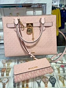 Michael Kors Hamilton Medium Satchel Bag Crossbody Purse Handbag+ Wallet Pink - Picture 1 of 15