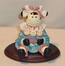 CLAY ART COW FIGUIRNE WITH BABY CALVES, BLUE & PINK DRESS