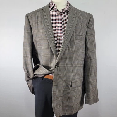 Joseph Feiss Mens Sport Coat Blazer Two Button Brown Plaid Poly Wool 48L Classic - Image 1 of 4