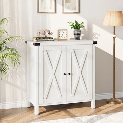 Farmhouse Buffet Storage Cabinet Living Room Wood Kitchen Sideboard White - Image 1 of 4