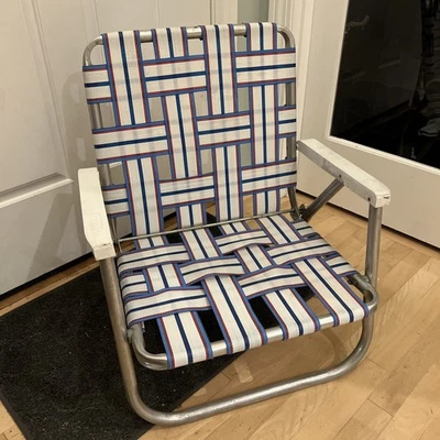 Vintage Sunbeam Aluminum Woven Webbed Folding Beach Chair Red White Blue Classic - Image 1 of 4