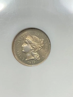 NGC MS65 1879 THREE CENT NICKEL  BEAUTIFUL LUSTER CHOICE GEM FATTY HOLDER - Image 1 of 3