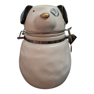 Keramik Hund Leckerli Glas Kanister mit Klappdeckel weiß mit schwarzen Flecken und Gold 7" - Bild 1 von 9