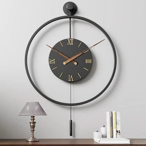 30.7×20 Inch Modern Wall Clock, Silent Pendulum, 3D Roman Numerals, Black/Walnut - Picture 1 of 6
