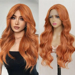 HD Lace Front Wig Copper Red Balayage Long Layers Human Hair Blend Ombre Waves - Picture 1 of 5