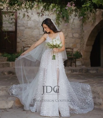 2025 Summer Beach Leaves Lace Wedding Dress Bridal Gown Custom made Sheer Bodice - Image 1 of 4