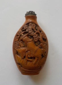Chinese Wood or Bamboo Carved Snuff Bottle, Elder Riding Horse - Picture 1 of 10