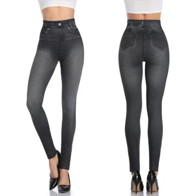 Women Slim High Waist Faux Denim Leggings Jeggings Skinny Pencil Pants Trousers - Image 1 of 4