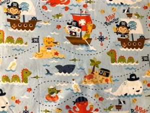 JoAnn Fabric Cotton BY THE 1/2 YARD 42" Wide Kids Ahoy Pirates Beach Animals - Picture 1 of 3