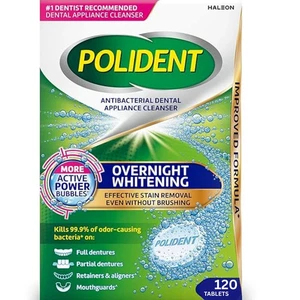 Limpiador de aparatos dentales antibacteriano blanqueador nocturno Polident 120 unidades - Imagen 1 de 12