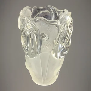 Vase Art Deco Verre Transparent Et Givré Motif Fleurs - Picture 1 of 6