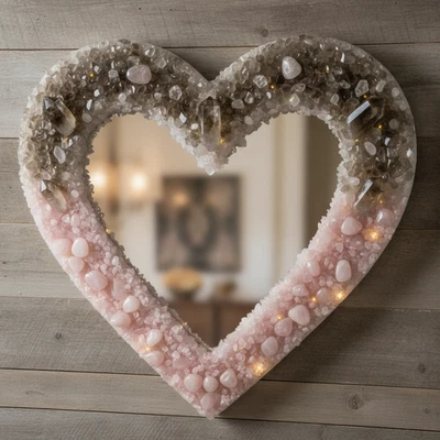 Crystal Smokey & Rose Quartz Luxury Heart Mirror For Interior Office Decor - Image 1 of 4